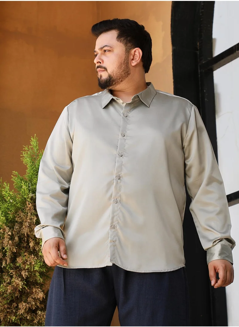 انستافاب بلس Instafab Plus Men's Sage Green Solid Satin Shirt For Casual Wear | Cuban Collar | Long Cuffed Sleeves | Button Closure | Plus Size Shirt Crafted With Comfort Fit For Everyday Wear