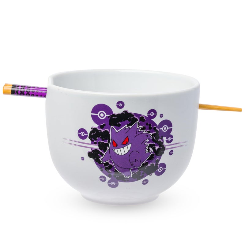 Silver Buffalo Pokemon Gengar Pokeball Ceramic Ramen Noodle Rice Bowl with Chopsticks, Microwave Safe, 20 Ounces - Image 1