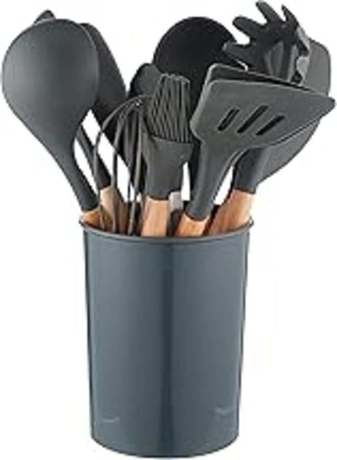 Silicone dispenser set with wood handle 11 pieces and plastic stand - gray