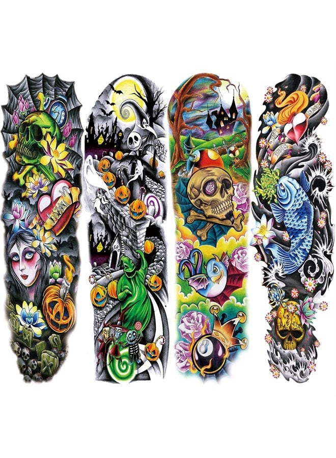 Briyhose Colorful Temporary Tattoos Sleeve For Kid, Full Arm Large Realistic Fake Sleeve Tattoo Stickers For Women Kids Party Favors, Watercolor Halloween Temp Tatoo Boys Girls Leg Body Art, 4-Sheet - Image 1