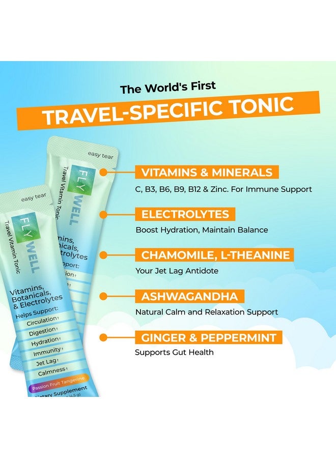 FlyWell Travel Vitamin Tonic for Flight, Jet Lag, Hydration, Circulation, Digestion & Immune Support, Promotes Calmness, Electrolyte Powder, Travel Essentials, Passion Fruit Tangerine, 15 Sticks - Image 2
