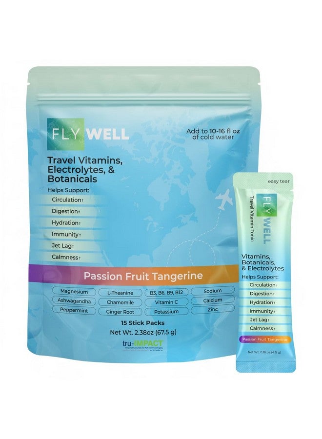 FlyWell Travel Vitamin Tonic for Flight, Jet Lag, Hydration, Circulation, Digestion & Immune Support, Promotes Calmness, Electrolyte Powder, Travel Essentials, Passion Fruit Tangerine, 15 Sticks - Image 1