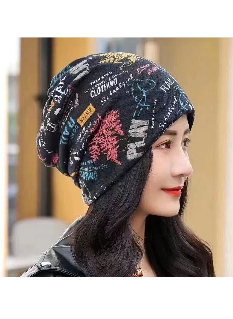 AROAQ Women Casual Beanies Hat, Autumn And Winter Comfortable Twist Hat Bib For Women, Soft Stretchy Women Knit Cap, Warm Neck Sheath Head Hat For Women Girls Teens,(Black Colorful)  - Image 1
