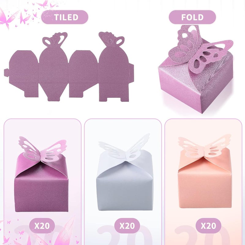 كلاراكو علب هدايا على شكل فراشة من كلاركو، 60 قطعة، علبة شوكولاتة عيد الحب، علبة حلوى زفاف رومانسية، علب هدايا لحفلات استقبال المولود الجديد، علب هدايا عيد الميلاد، زينة (أبيض، وردي، بنفسجي) - Image 2