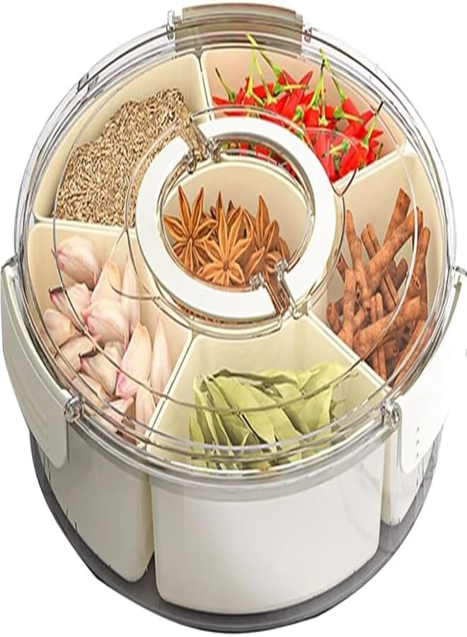 Spaceshoop 6 Compartments Divided Serving Tray with Lid and Handle, 360° Rotatable Large Box Container, with 6 Removable Compartments, Portable Boxs for Fruit Veggie Salad, for Kitchen, Party (white)