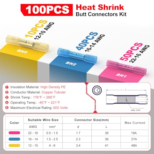 AIRIC Heat Shrink Butt Connectors Kit 22-10 AWG, 100 pcs Waterproof Crimp Splice Terminal for Auto Repair, Marine Connector for 22,20,18,16,14,12,10 Gauge Wire, Wiring Crimps Terminals Red/Blue/Yellow - Image 2