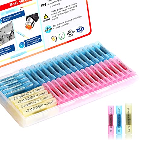 AIRIC Heat Shrink Butt Connectors Kit 22-10 AWG, 100 pcs Waterproof Crimp Splice Terminal for Auto Repair, Marine Connector for 22,20,18,16,14,12,10 Gauge Wire, Wiring Crimps Terminals Red/Blue/Yellow - Image 1