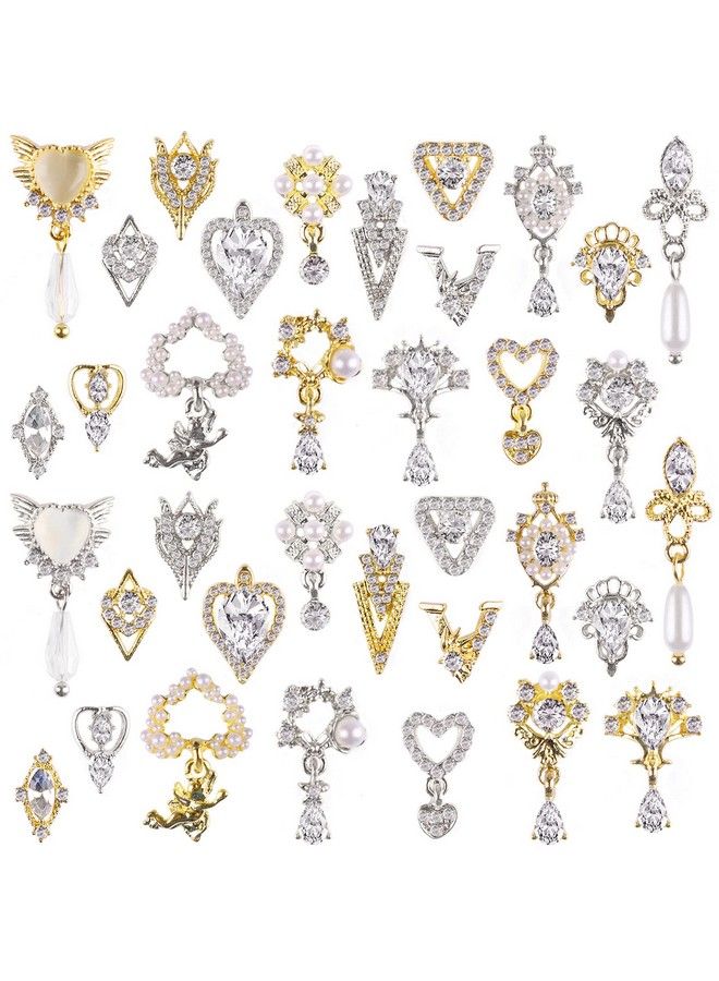 TOROKOM 36 Pcs Luxury Nail Art Rhinestone Torokom 3D Dangle Nail Art Charms Gold Silver Heart Pearl Crystal Gems Nail Diamond For Girl Women Diy Nail Design Craft Jewelry Making - Image 2