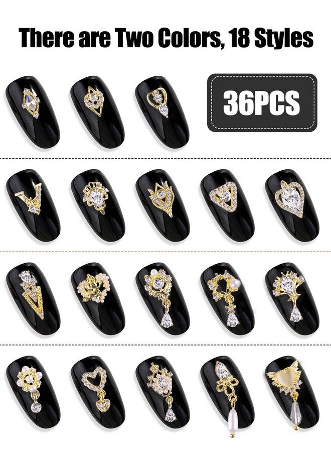 TOROKOM 36 Pcs Luxury Nail Art Rhinestone Torokom 3D Dangle Nail Art Charms Gold Silver Heart Pearl Crystal Gems Nail Diamond For Girl Women Diy Nail Design Craft Jewelry Making - Image 3