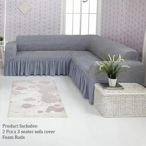 WE CLEVER Elastic Stretchable Turkish Bubble Sofa Cover with Skirt –Washable High-Elastic Polyester & Spandex Furniture Slipcover with Frill Design (Ash Grey, L Shape (3+2)) - Image 2