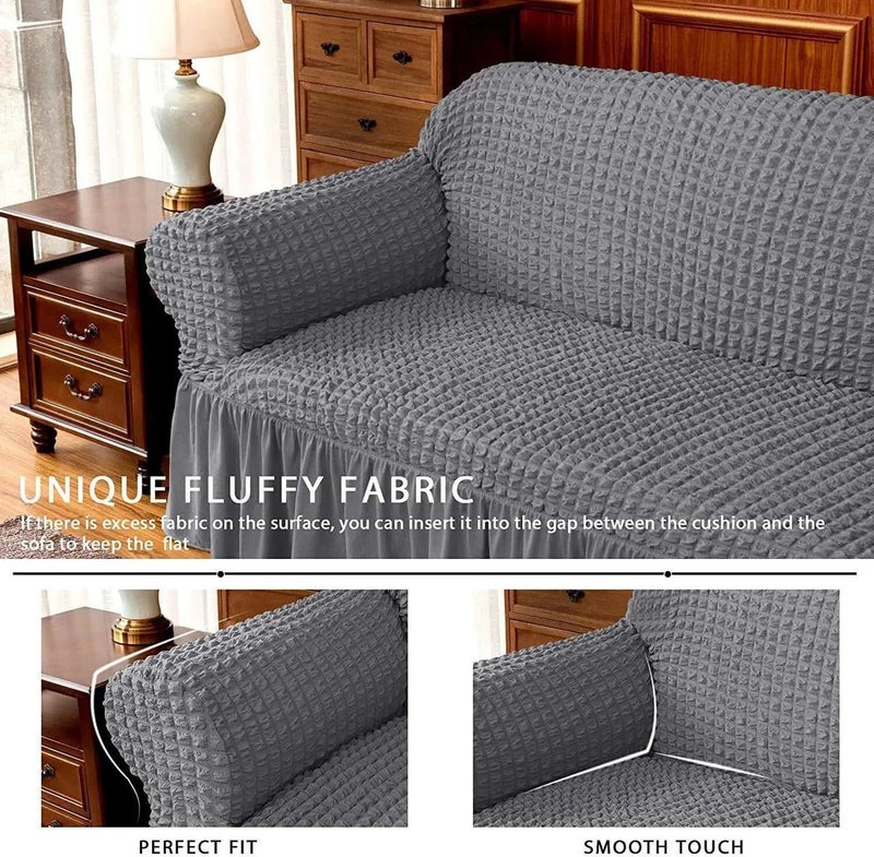 WE CLEVER Elastic Stretchable Turkish Bubble Sofa Cover with Skirt –Washable High-Elastic Polyester & Spandex Furniture Slipcover with Frill Design (Ash Grey, L Shape (3+2)) - Image 3