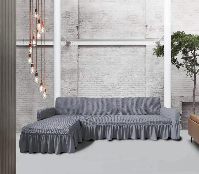 WE CLEVER Elastic Stretchable Turkish Bubble Sofa Cover with Skirt –Washable High-Elastic Polyester & Spandex Furniture Slipcover with Frill Design (Ash Grey, L Shape (3+2)) - Image 4