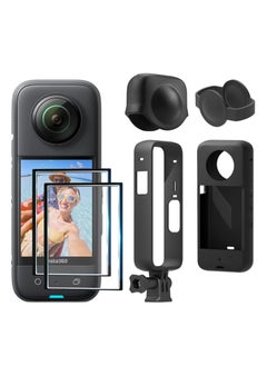 Action Camera Accessories Kit compatible with Insta360 ONE X3/Protective Camera Housing Frame w/1/4" Thread Adapter/Silicone Protective Case/Lens Cap/Screen Protector
