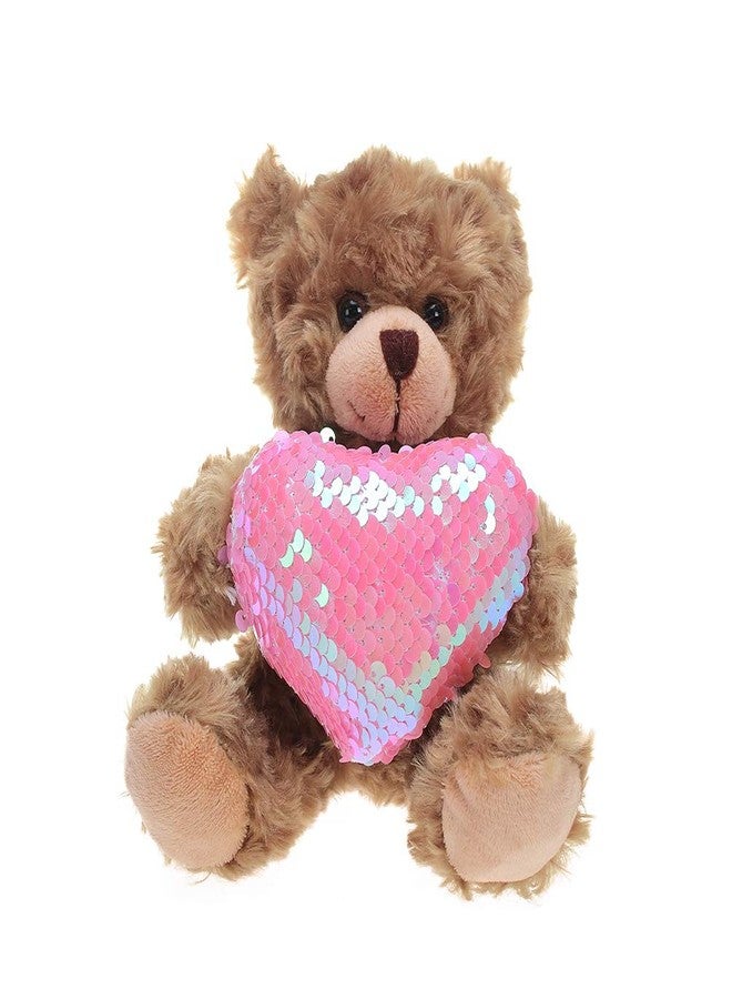 Plushland دب موكا هارت محشو من بلشلاند - لعبة دب قطيفة للأطفال والكبار - وسادة على شكل قلب مطرز - بني - 6 بوصات (قلب وردي) - Image 1