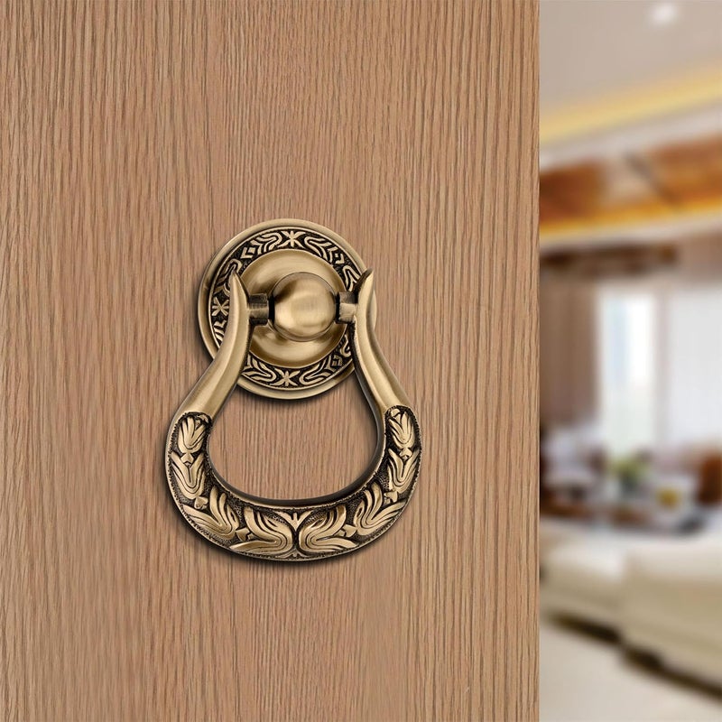 DEVDECOR Antique Brass Ring Door Knocker – Vintage Round Handle with Textured Grip for Main Door, Gate, or Cabinet – Classic Decorative Hardware (5.3x4 inch) - Image 1