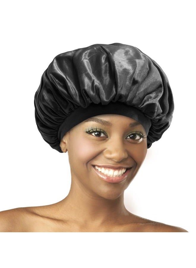 Donna Oil Treated Sleep Bonnet, Black Bonnet, 1pc Women's Sleep Cap Elastic Band Bonnet Black Color - Image 1