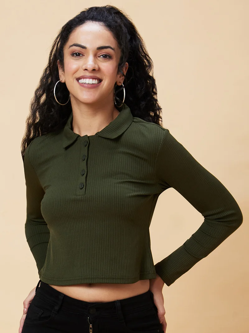 globus Women Olive Green Shirt Collar Crop Top