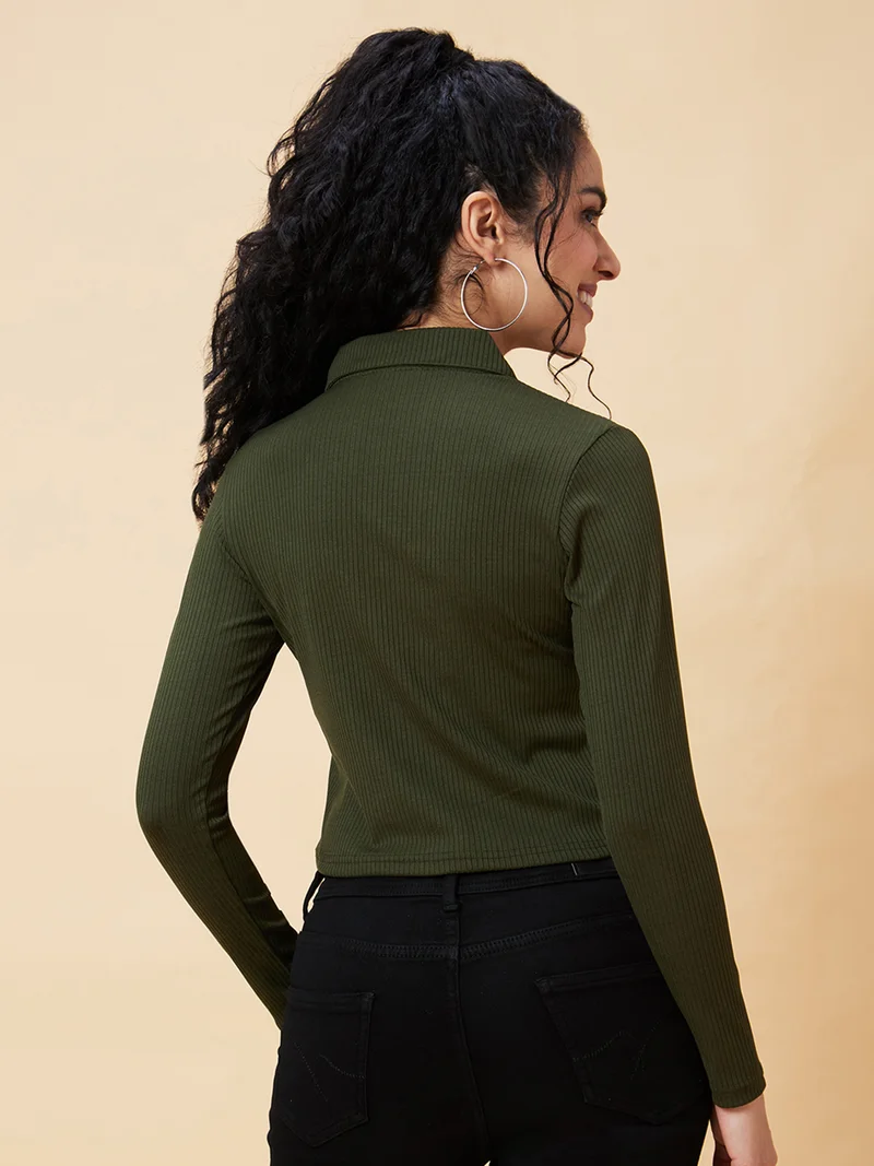 globus Women Olive Green Shirt Collar Crop Top