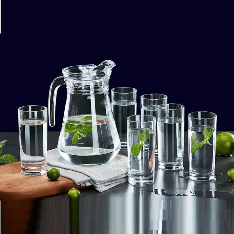 MZP Italin Premium Luxury Glass jug 1300 ml with Lid Drinking Glasses Set 6 Glass 300ML Water Jug Glass for Hot Cold Water Coffee Milk Juice Iced Tea Transparent 1 jug 6 Glass Premium Imported - Image 1