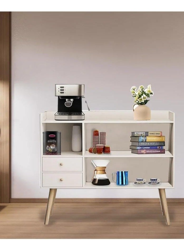 Generic Distinctive and stylish coffee corner, coffee cabinet with large surface, open shelves and 2 storage drawers 100x35x90 cm for living room or office white-EI-210  - Image 4