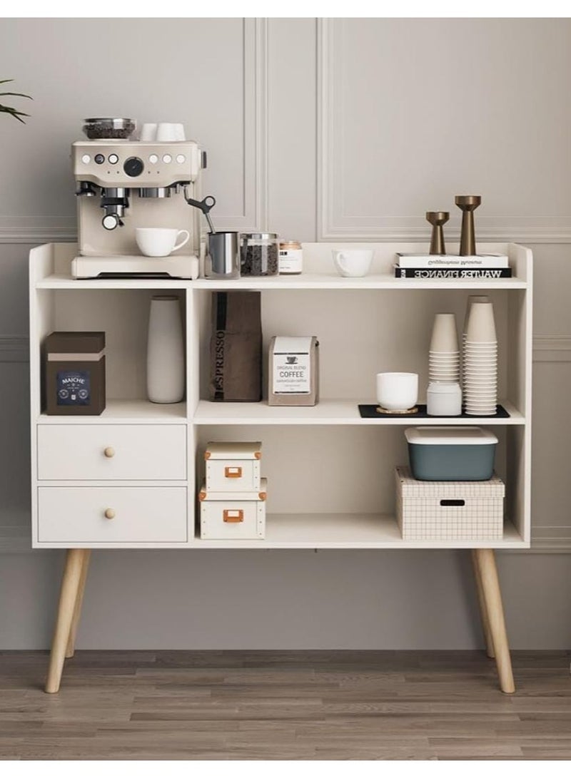 Generic Distinctive and stylish coffee corner, coffee cabinet with large surface, open shelves and 2 storage drawers 100x35x90 cm for living room or office white-EI-210  - Image 1