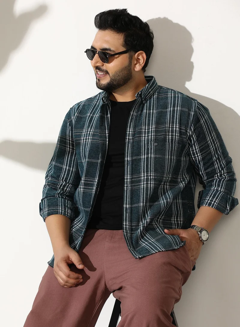 انستافاب بلس Men Plaid-Woven Regular Shirt | Button-Down Collar, Long Button-Cuff Sleeves | Button, Curved Hem | Plaid Jacquard Woven Fabric For Casual & Daily | Emerald Green