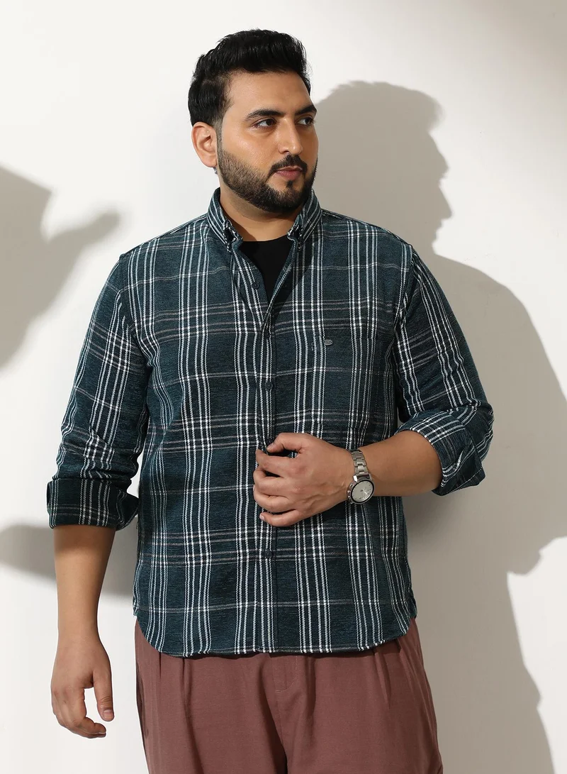 انستافاب بلس Men Plaid-Woven Regular Shirt | Button-Down Collar, Long Button-Cuff Sleeves | Button, Curved Hem | Plaid Jacquard Woven Fabric For Casual & Daily | Emerald Green