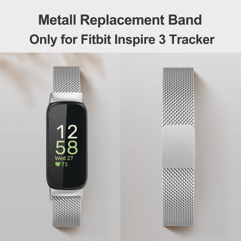 Vanjua for Fitbit Inspire 3 Bands Women Men, Stainless Steel Metal Mesh Loop Adjustable Magnetic Wristband Replacement Straps Compatible with Fitbit Inspire 3 Fitness Tracker (Silver) - Image 2
