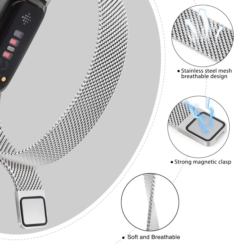 Vanjua for Fitbit Inspire 3 Bands Women Men, Stainless Steel Metal Mesh Loop Adjustable Magnetic Wristband Replacement Straps Compatible with Fitbit Inspire 3 Fitness Tracker (Silver) - Image 3