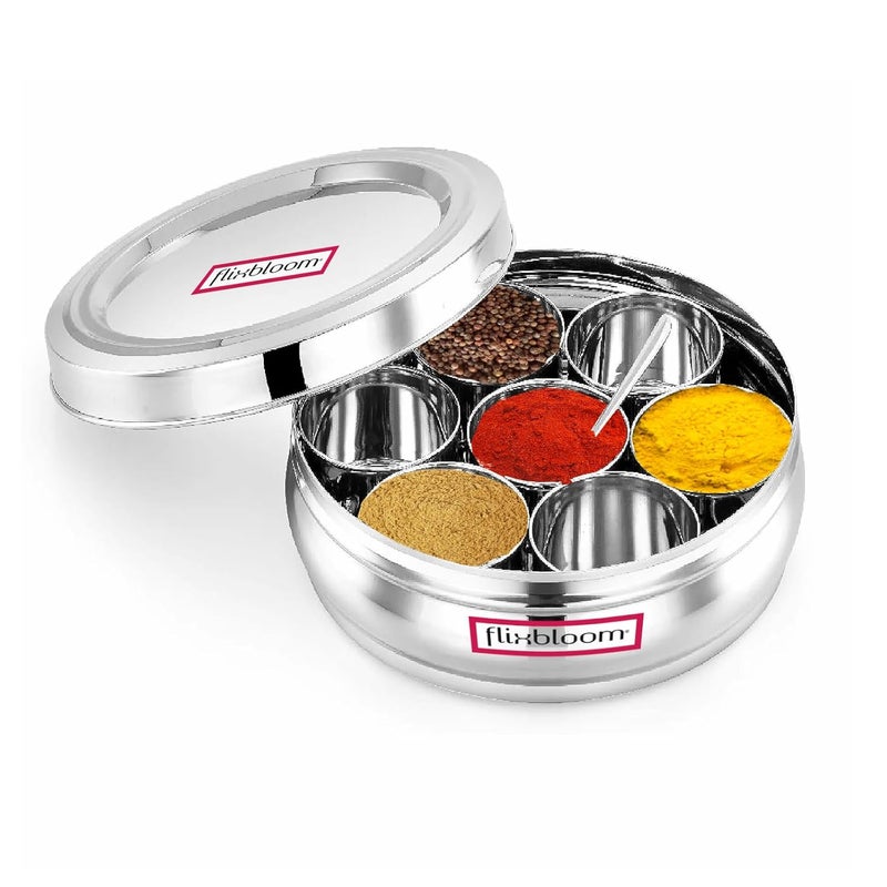 FLIXBLOOM FLIXBLOOM Special Kitchen Stainless Steel Masala Dani Container for Masala Spice BoxDabbaOrganiser with See Through Lid with 7 Containers and Steel Spoon 22 Circular 7 SSSPICEBOXSLVRNEW  - Image 2