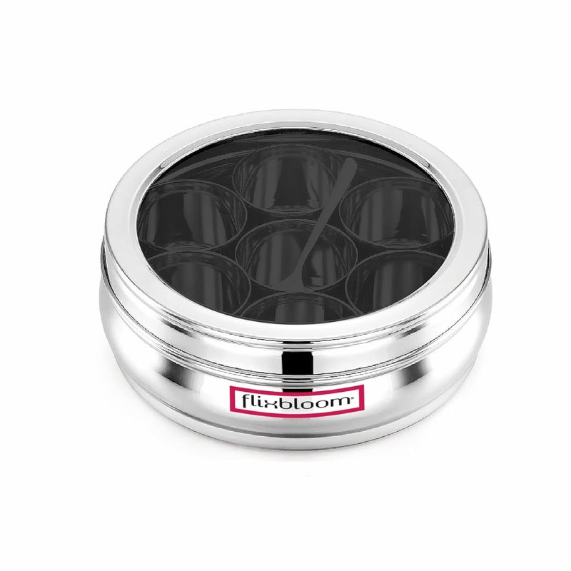 FLIXBLOOM FLIXBLOOM Special Kitchen Stainless Steel Masala Dani Container for Masala Spice BoxDabbaOrganiser with See Through Lid with 7 Containers and Steel Spoon 22 Circular 7 SSSPICEBOXSLVRNEW  - Image 1