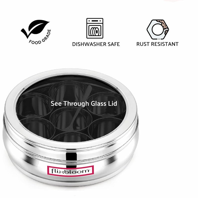 FLIXBLOOM FLIXBLOOM Special Kitchen Stainless Steel Masala Dani Container for Masala Spice BoxDabbaOrganiser with See Through Lid with 7 Containers and Steel Spoon 22 Circular 7 SSSPICEBOXSLVRNEW  - Image 3