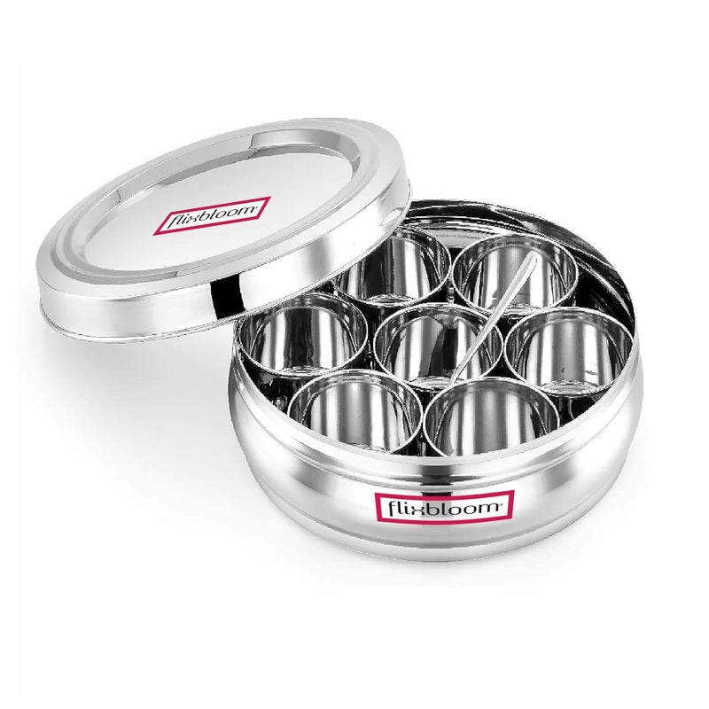 FLIXBLOOM FLIXBLOOM Special Kitchen Stainless Steel Masala Dani Container for Masala Spice BoxDabbaOrganiser with See Through Lid with 7 Containers and Steel Spoon 22 Circular 7 SSSPICEBOXSLVRNEW  - Image 4