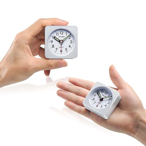 Peakeep Ultra Small, Battery Travel Alarm Clock with Snooze and Light, Silent with No Ticking Analog Quartz (White) - Image 3