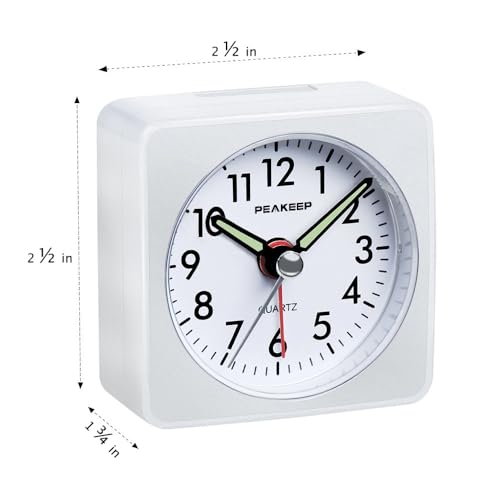 Peakeep Ultra Small, Battery Travel Alarm Clock with Snooze and Light, Silent with No Ticking Analog Quartz (White) - Image 2