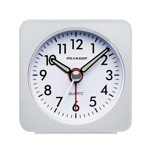Peakeep Ultra Small, Battery Travel Alarm Clock with Snooze and Light, Silent with No Ticking Analog Quartz (White) - Image 1