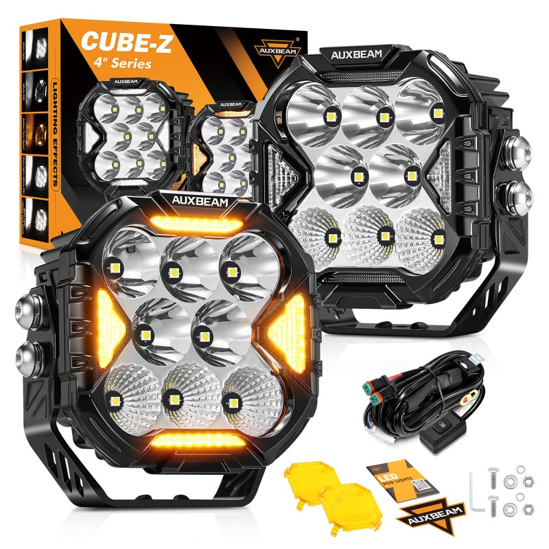 Auxbeam 4 Inch LED Driving Pod Light CubeZ Series 112W Cube Spot Flood Combo Beam with Amber Covers 150 UltraWide Offroad Pods 12800LM Hyper Bright with White DRLAmber Turn Signal Light Pair - Image 2