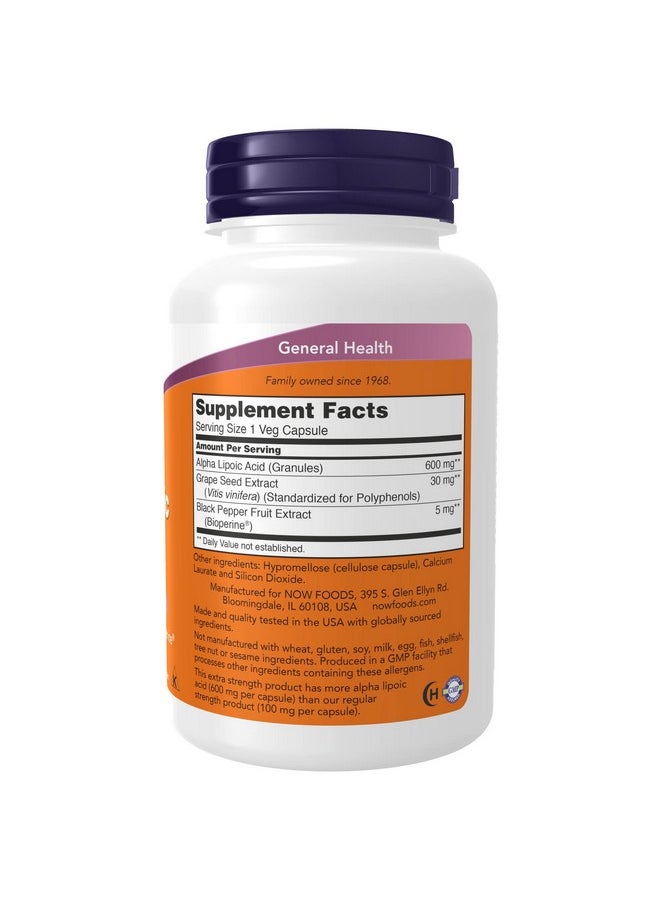 now Supplements Alpha Lipoic Acid 600 Mg With Grape Seed Extract & Bioperine® Extra Strength 120 Veg Capsules  - Image 3