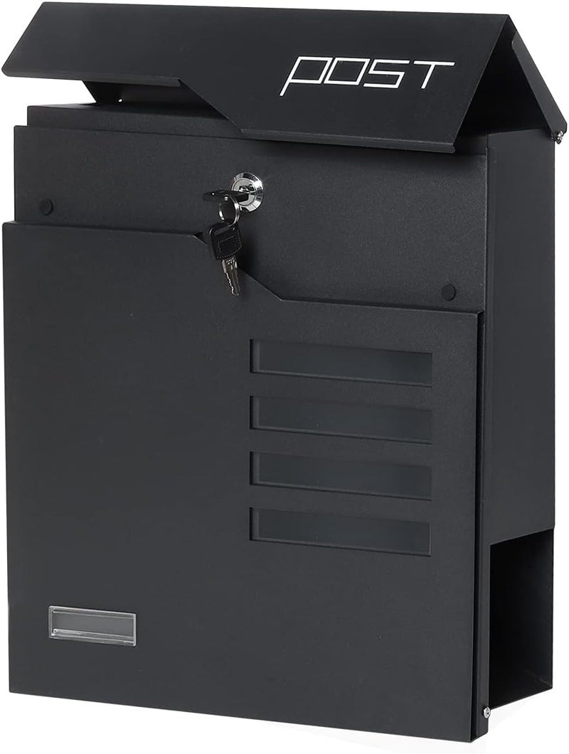 Parrency Metal Mailbox Wall Mount, Locking Mailbox with Key Lock, Hanging Secure Postbox, Security Key Drop Box,Outdoor Wall Mounted Mail Box with Large Capacity,Black - Image 2
