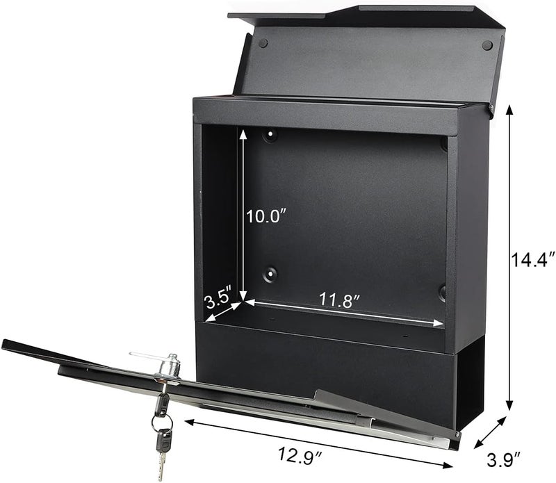 Parrency Metal Mailbox Wall Mount, Locking Mailbox with Key Lock, Hanging Secure Postbox, Security Key Drop Box,Outdoor Wall Mounted Mail Box with Large Capacity,Black - Image 3