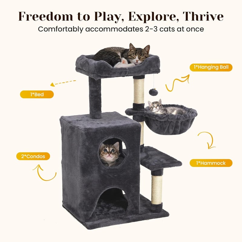 FansaFurn Medium Cat Tree with Scratching Posts, Cat Bed, Hammocks & Condos – Multi-Level Cat Tower for Playful Cats, 35.8" Modern Jungle Gym, Dark Grey - Image 5