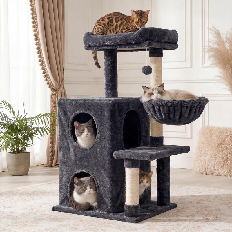 FansaFurn Medium Cat Tree with Scratching Posts, Cat Bed, Hammocks & Condos – Multi-Level Cat Tower for Playful Cats, 35.8" Modern Jungle Gym, Dark Grey - Image 1