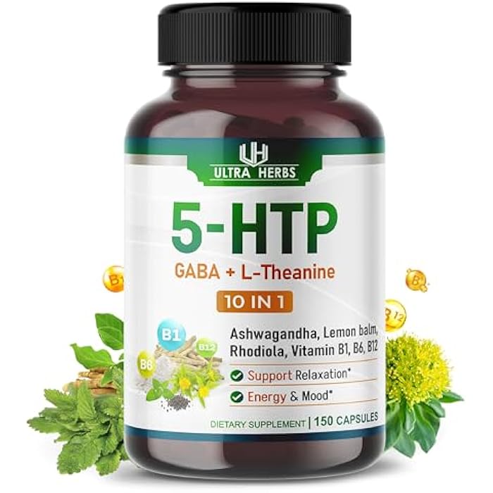 Ultra Herbs 5-HTP with GABA, L-Theanine, Ashwagandha, Lemon Balm, Rhodiola, Vitamins B1, B6, B12 – 150 Vegetable Capsules - Image 1