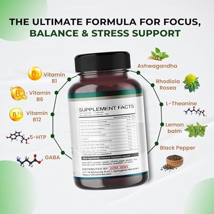 Ultra Herbs 5-HTP with GABA, L-Theanine, Ashwagandha, Lemon Balm, Rhodiola, Vitamins B1, B6, B12 – 150 Vegetable Capsules - Image 4