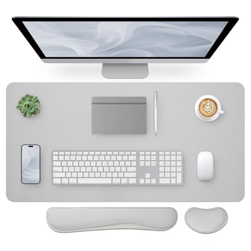 Bloss Leather Desk Pad and Keyboard Wrist Rest, Large Mouse Pad + Keyboard Pad+Mouse Wrist Support, Non-Slip Desk Mat Protector for Office, Home(31.5×15.7 Inches, Light Grey) - Image 1