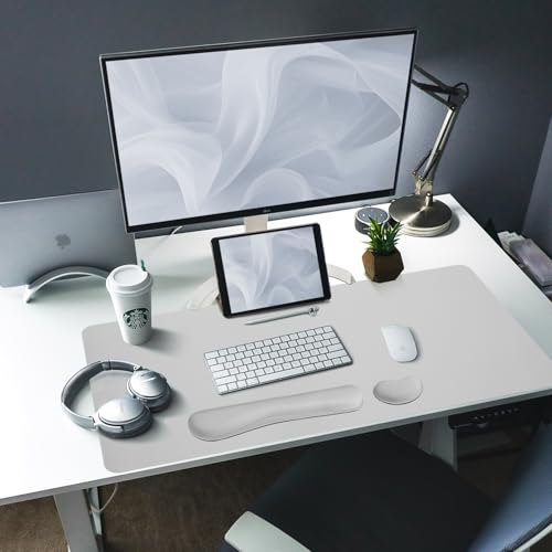 Bloss Leather Desk Pad and Keyboard Wrist Rest, Large Mouse Pad + Keyboard Pad+Mouse Wrist Support, Non-Slip Desk Mat Protector for Office, Home(31.5×15.7 Inches, Light Grey) - Image 2