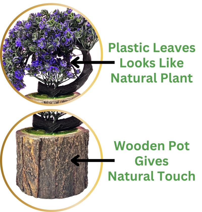 Dekorly Artificial Bonsai Tree Fake Plant Potted House Plants Japanese Pine Bonsai Plant Faux Bonsai for Home Indoor Decoration Office (Height : 21CM, Wooden Pot, Purple) - Image 4