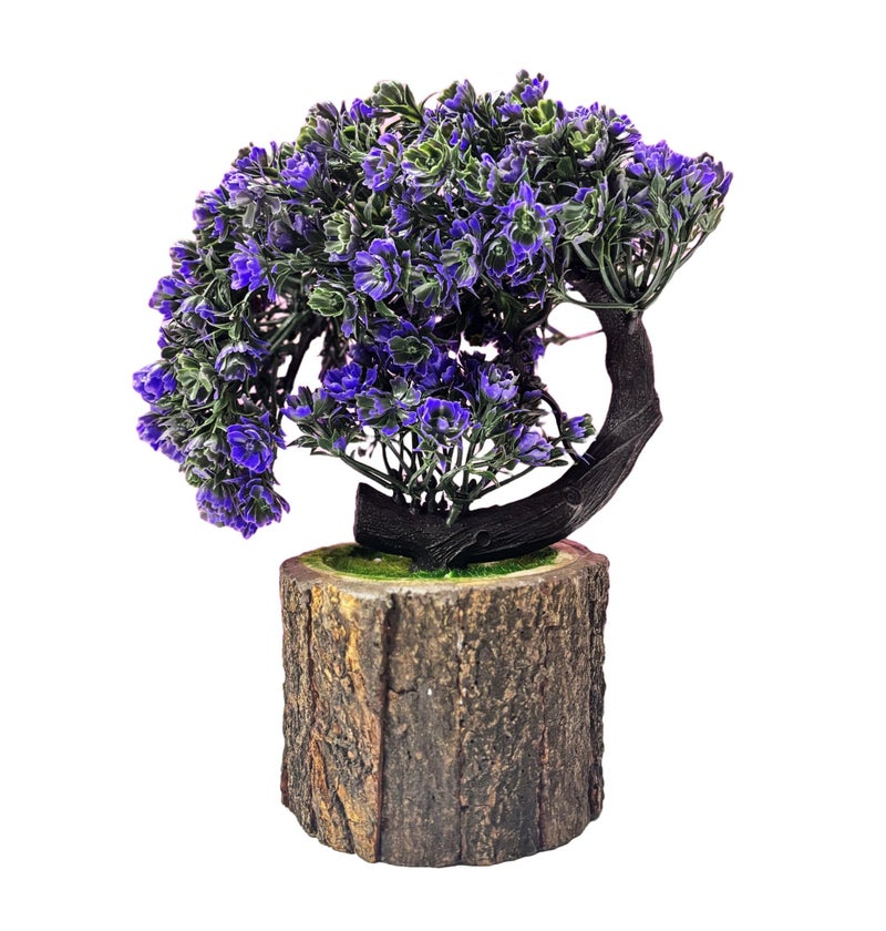 Dekorly Artificial Bonsai Tree Fake Plant Potted House Plants Japanese Pine Bonsai Plant Faux Bonsai for Home Indoor Decoration Office (Height : 21CM, Wooden Pot, Purple) - Image 3