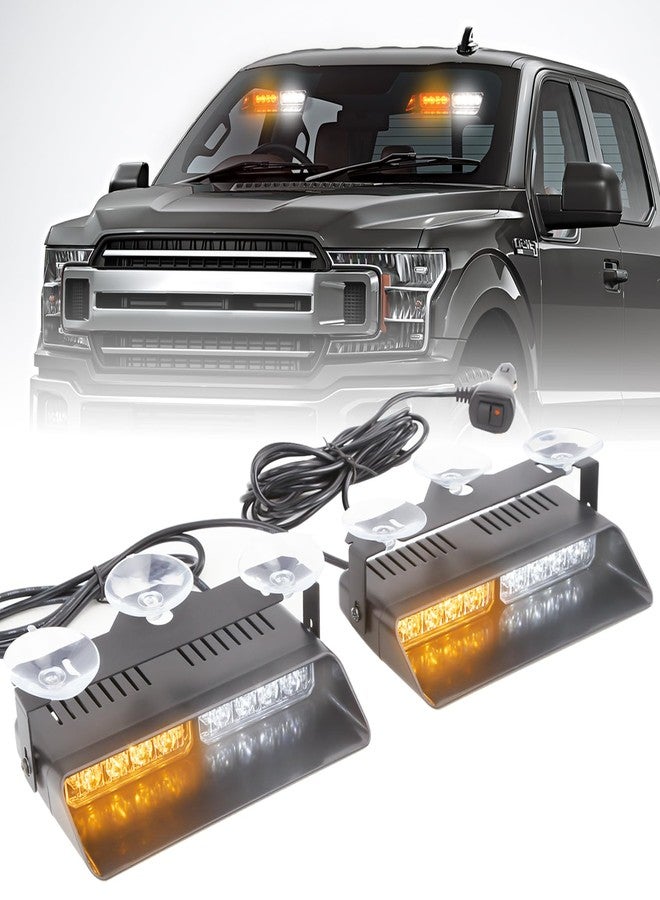 PKINGLAKE 2 in 1 LED Emergency Dash Strobe Light Bar Front/Rear Windshield Safety Flashing Warning Hazard Interior Lights for Police Firefighter Construction Vehicles Trucks (2x7.5 inch, Amber/White) - Image 1