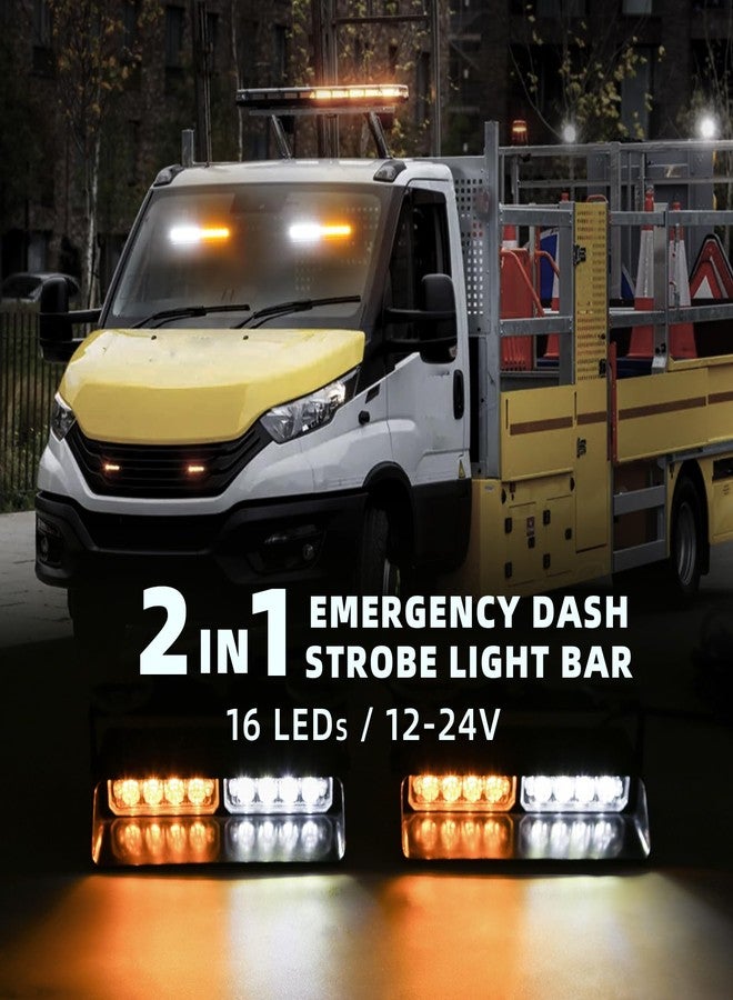 PKINGLAKE 2 in 1 LED Emergency Dash Strobe Light Bar Front/Rear Windshield Safety Flashing Warning Hazard Interior Lights for Police Firefighter Construction Vehicles Trucks (2x7.5 inch, Amber/White) - Image 2